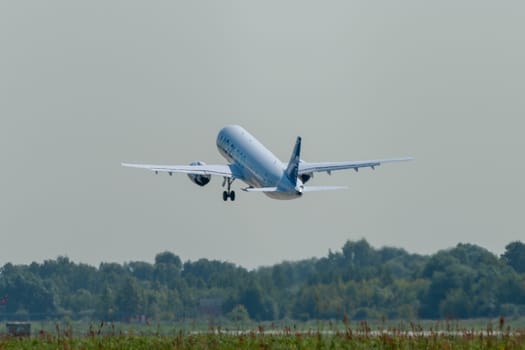 August 30, 2019. Zhukovsky, Russia. Promising Russian medium-range narrow-body passenger aircraft Irkut MC-21 at the International Aviation and Space Salon MAKS 2019.