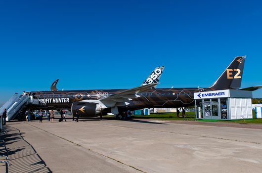 August 30, 2019. Zhukovsky, Russia. Twin-engine narrow-body passenger aircraft Embraer E-Jet E195-E2
at the International Aviation and Space Salon MAKS 2019.