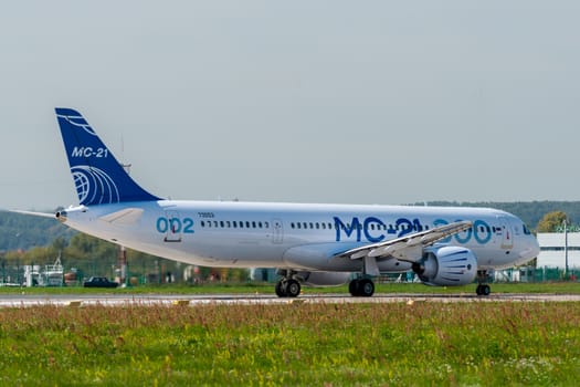 August 30, 2019. Zhukovsky, Russia. Promising Russian medium-range narrow-body passenger aircraft Irkut MC-21 at the International Aviation and Space Salon MAKS 2019.