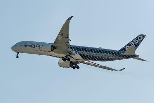 August 30, 2019. Zhukovsky, Russia. long-range wide-body twin-engine passenger aircraft Airbus A350-900 XWB Airbus Industrie at the International Aviation and Space Salon MAKS 2019.