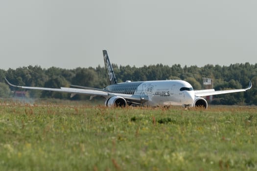 August 30, 2019. Zhukovsky, Russia. long-range wide-body twin-engine passenger aircraft Airbus A350-900 XWB Airbus Industrie at the International Aviation and Space Salon MAKS 2019.