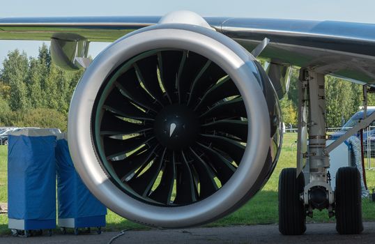 Engine Embraer E-Jet E195-E2 at the International Aviation and Space Salon MAKS 2019.