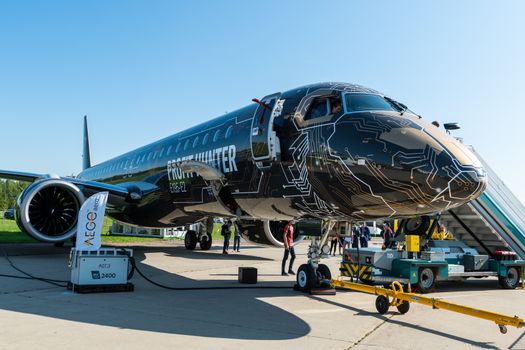 August 30, 2019. Zhukovsky, Russia. Twin-engine narrow-body passenger aircraft Embraer E-Jet E195-E2
at the International Aviation and Space Salon MAKS 2019.