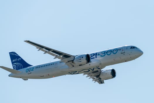 August 30, 2019. Zhukovsky, Russia. Promising Russian medium-range narrow-body passenger aircraft Irkut MC-21 at the International Aviation and Space Salon MAKS 2019.
