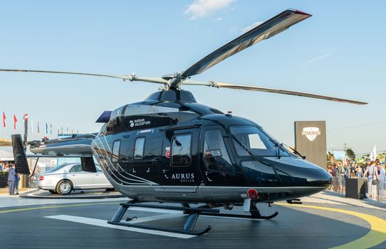 August 30, 2019 Zhukovsky, Russia. The Ansat helicopter in the Aurus design at the MAKS-2019 International aviation and space salon.