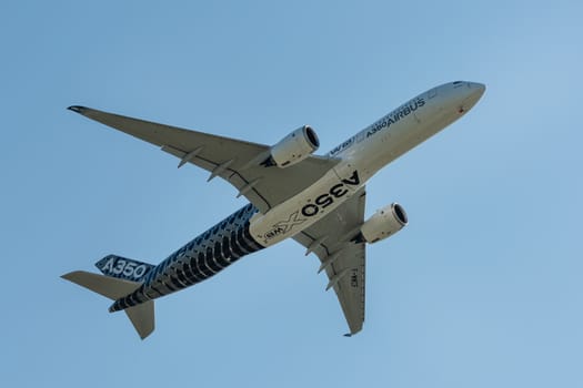 August 30, 2019. Zhukovsky, Russia. long-range wide-body twin-engine passenger aircraft Airbus A350-900 XWB Airbus Industrie at the International Aviation and Space Salon MAKS 2019.