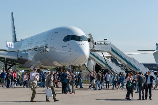 August 30, 2019. Zhukovsky, Russia. long-range wide-body twin-engine passenger aircraft Airbus A350-900 XWB Airbus Industrie at the International Aviation and Space Salon MAKS 2019.
