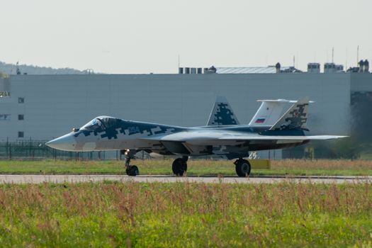 August 30, 2019. Zhukovsky, Russia. fifth-generation promising Russian multi-functional fighter Sukhoi Su-57  at the International Aviation and Space Salon MAKS 2019.