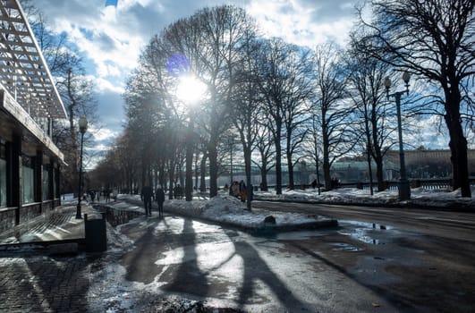 February 17, 2019, Moscow, Russia. Passers-by on Pushkinskaya embankment in Gorky park in Moscow.