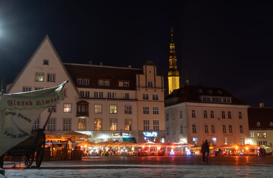 April 20, 2018 Tallinn, Estonia, Street cafes in the Central square of the Old city.