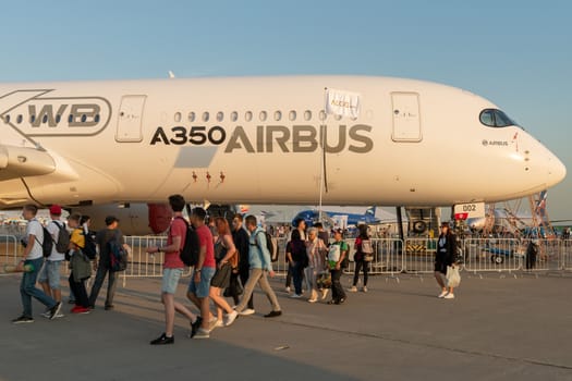 August 30, 2019. Zhukovsky, Russia. long-range wide-body twin-engine passenger aircraft Airbus A350-900 XWB Airbus Industrie at the International Aviation and Space Salon MAKS 2019.