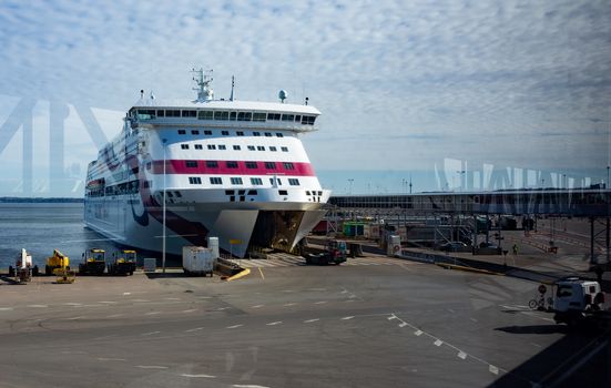 23 April 2019, Tallinn, Estonia. High-speed passenger and car ferry of the Estonian shipping concern Tallink Baltic Queen in the port of Tallinn.