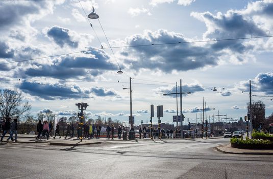 April 22, 2018, Stockholm, Sweden. Passers-by on one of the streets in Stockholm.