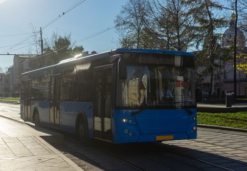 November 5, 2018 Moscow, Russia Blue regular bus on Novokuznetskaya street in Moscow.