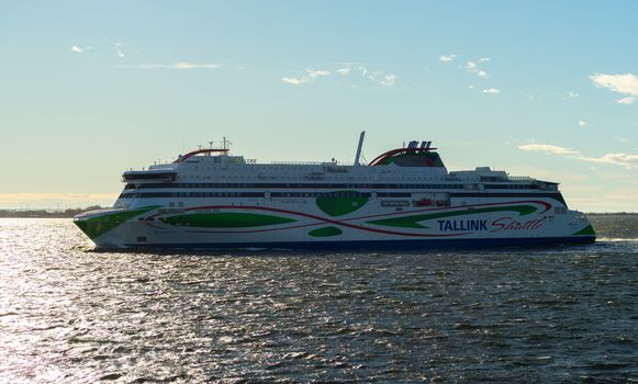 21 April 2019, Tallinn, Estonia. High-speed passenger and car ferry of the Estonian shipping concern Tallink Megastar in the port of Tallinn.
