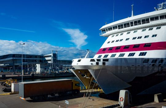 23 April 2019, Tallinn, Estonia. A truck wagon drives into high-speed passenger and car ferry of the Estonian shipping concern Tallink Baltic Queen in the port of Tallinn.