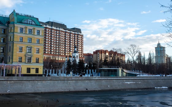 February 19, 2019, Moscow, Russia. Muzeon Park and St. Nicholas Church of the Chinese Compound in Moscow.
