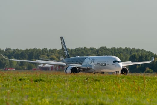 August 30, 2019. Zhukovsky, Russia. long-range wide-body twin-engine passenger aircraft Airbus A350-900 XWB Airbus Industrie at the International Aviation and Space Salon MAKS 2019.