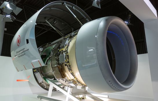 August 30, 2019 Zhukovsky, Russia. Russian advanced civil turbofan aircraft engine PD-14 under development United Engine Corporation.