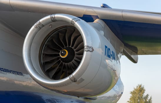 August 30, 2019 Zhukovsky, Russia. Russian advanced civil turbofan aircraft engine PD-14 under development United Engine Corporation.