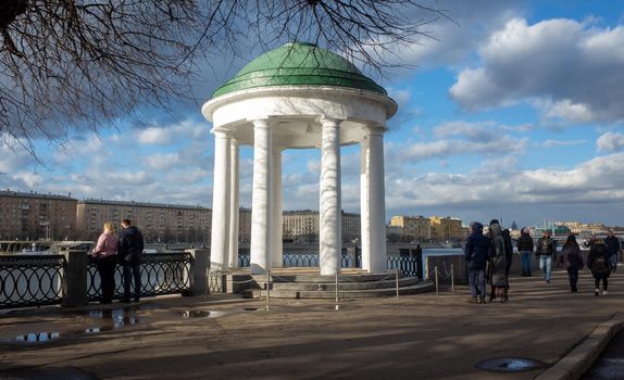 February 17, 2019, Moscow, Russia. Passers-by on Pushkinskaya embankment in Gorky park in Moscow.