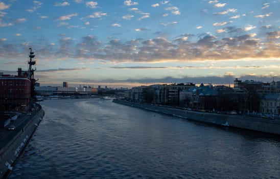 February 19, 2019, Moscow, Russia. Moscow river in the area of the Cathedral of Christ the Savior in Moscow at dusk.
