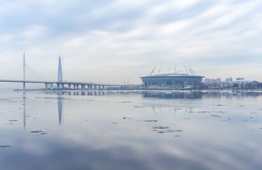 April 17, 2018. St. Petersburg, Russia. Gazprom arena stadium, Lakhta office center and Western high-speed diameter in Saint Petersburg.
