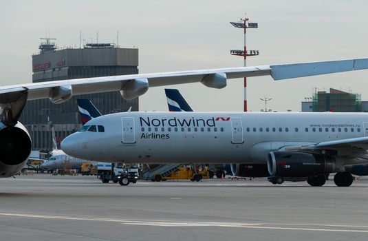 October 29, 2019, Moscow, Russia. Plane 
Airbus A321-200 Nordwind Airlines at Sheremetyevo airport in Moscow.