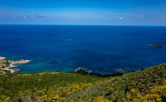 Green mountainous coast of the Mediterranean Sea on the Akamas Peninsula in the northwest of the island of Cyprus.