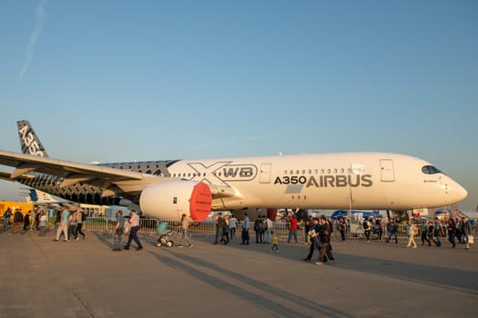 August 30, 2019. Zhukovsky, Russia. long-range wide-body twin-engine passenger aircraft Airbus A350-900 XWB Airbus Industrie at the International Aviation and Space Salon MAKS 2019.