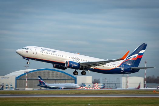 October 29, 2019, Moscow, Russia. Plane 
Boeing 737-800 Aeroflot - Russian Airlines at Sheremetyevo airport in Moscow.