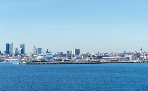 23 April 2019, Tallinn, Estonia. High-speed passenger and car ferry of the Estonian shipping concern Tallink Silja Europa in the port of Tallinn.