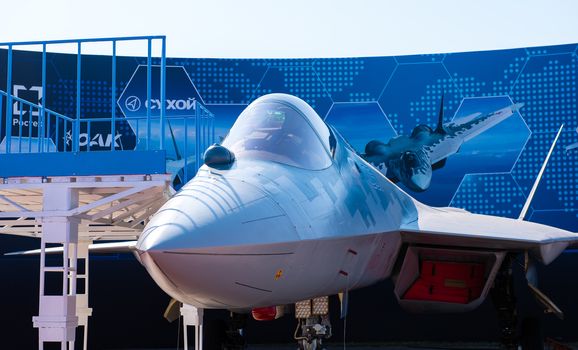 August 30, 2019. Zhukovsky, Russia. fifth-generation promising Russian multi-functional fighter Sukhoi Su-57  at the International Aviation and Space Salon MAKS 2019.