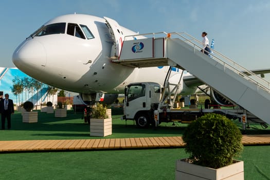 August 30, 2019. Zhukovsky, Russia. Promising Russian medium-range narrow-body passenger aircraft Irkut MC-21 at the International Aviation and Space Salon MAKS 2019.