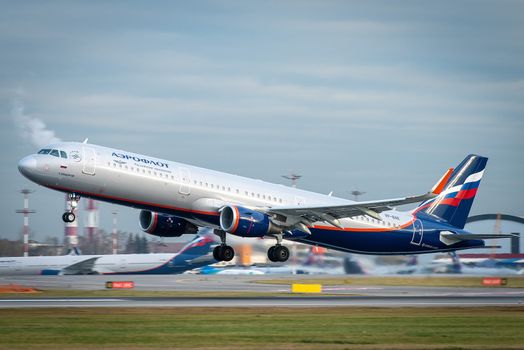 October 29, 2019, Moscow, Russia. Plane 
Airbus A330-300 Aeroflot - Russian Airlines at Sheremetyevo airport in Moscow.