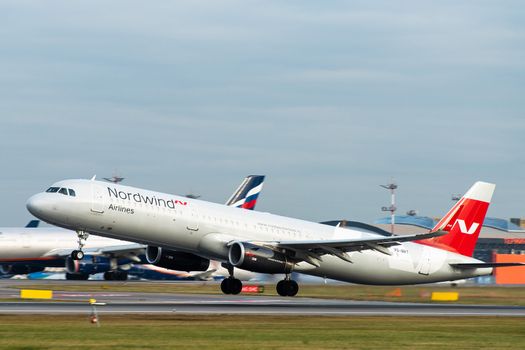 October 29, 2019, Moscow, Russia. Plane 
Airbus A321-200 Nordwind Airlines at Sheremetyevo airport in Moscow.