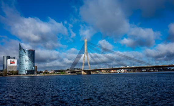 April 26, 2018 Riga, Latvia. Cable-stayed cable bridge over the Daugava River in Riga.