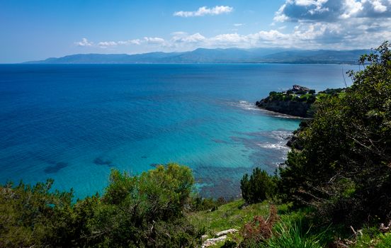 Green mountainous coast of the Mediterranean Sea on the Akamas Peninsula in the northwest of the island of Cyprus.