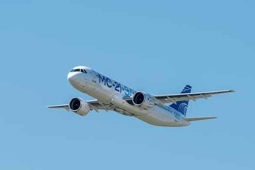 August 30, 2019. Zhukovsky, Russia. Promising Russian medium-range narrow-body passenger aircraft Irkut MC-21 at the International Aviation and Space Salon MAKS 2019.