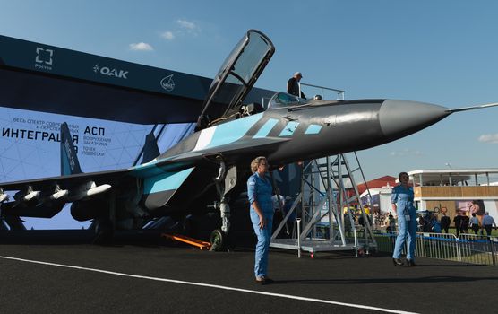 August 30, 2019. Zhukovsky, Russia.Russian multirole fighter MiG-35 that is designed by Mikoyan, a division of the United Aircraft Corporation (UAC). Marketed as a 4++ generation jet fighter at the International Aviation and Space Salon MAKS 2019.