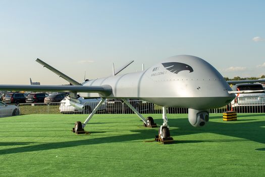 August 30, 2019. Zhukovsky, Russia. Chinese drone reconnaissance drone CAIG Wing Loong 1 at the International Aviation and Space Salon MAKS 2019.