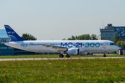August 30, 2019. Zhukovsky, Russia. Promising Russian medium-range narrow-body passenger aircraft Irkut MC-21 at the International Aviation and Space Salon MAKS 2019.