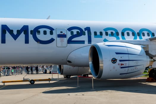 August 30, 2019. Zhukovsky, Russia. Promising Russian medium-range narrow-body passenger aircraft Irkut MC-21 at the International Aviation and Space Salon MAKS 2019.