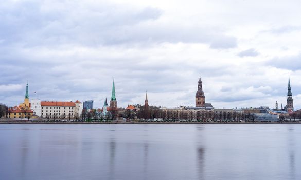 View of the Old Town in Riga from the opposite bank of the Daugava River.