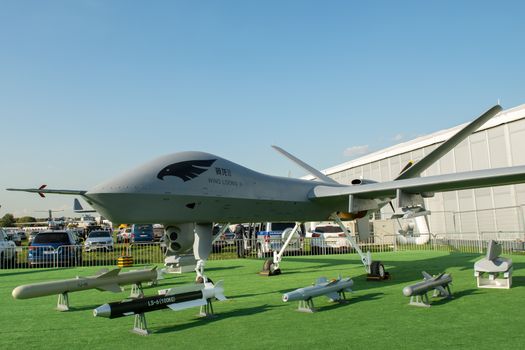 August 30, 2019. Zhukovsky, Russia. Chinese drone reconnaissance drone CAIG Wing Loong 2 at the International Aviation and Space Salon MAKS 2019.