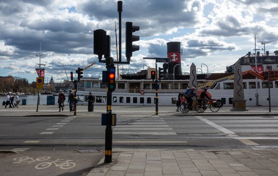 April 22, 2018, Stockholm, Sweden. Cyclists on one of the streets in Stockholm.