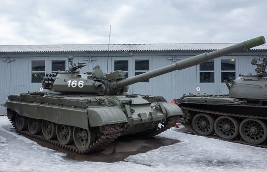 March 23, 2019 Moscow region, Russia. Soviet medium and main tank of the second half of the XX century T-62M in the Central Museum of armored weapons and equipment in Kubinka.