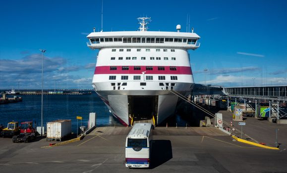 23 April 2019, Tallinn, Estonia. Passenger bus calls in high-speed passenger and car ferry of the Estonian shipping concern Tallink Baltic Queen in the port of Tallinn.