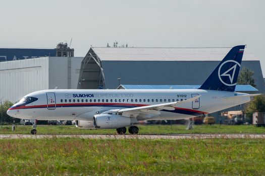 August 30, 2019. Zhukovsky, Russia. Russian short-range narrow-body passenger aircraft  Sukhoi Superjet 100 at the International Aviation and Space Salon MAKS 2019.
