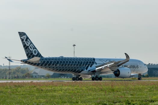 August 30, 2019. Zhukovsky, Russia. long-range wide-body twin-engine passenger aircraft Airbus A350-900 XWB Airbus Industrie at the International Aviation and Space Salon MAKS 2019.